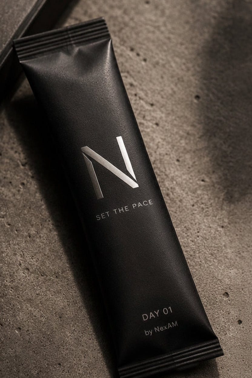 A sleek black squeeze packet labeled 'N SET THE Pace' and 'DAY 01 by Nori' lies diagonally on a textured dark gray surface.