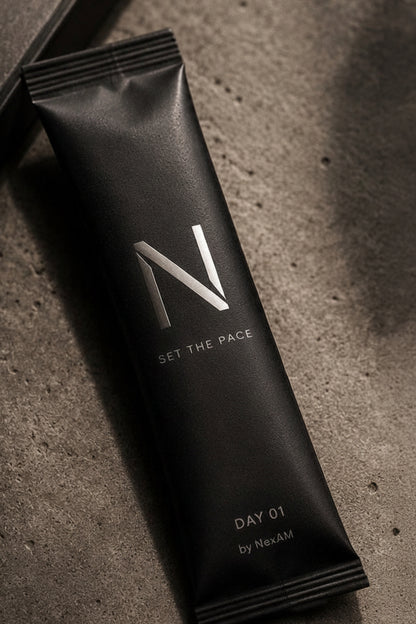 A sleek black squeeze packet labeled 'N SET THE Pace' and 'DAY 01 by Nori' lies diagonally on a textured dark gray surface.