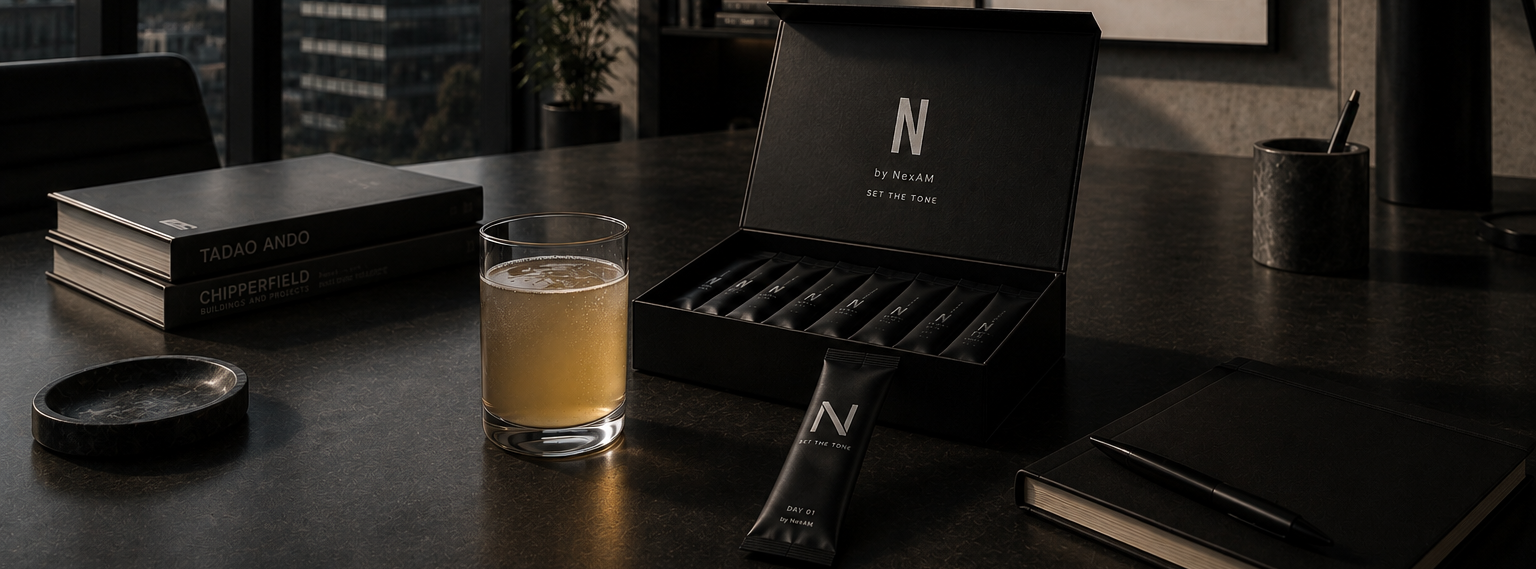 A luxury black presentation box of No. 11 Nails nail polish is displayed open on a dark wooden desk, alongside a single nail polish stick, a glass of iced coffee, and a notebook in a modern, sunlit office setting.